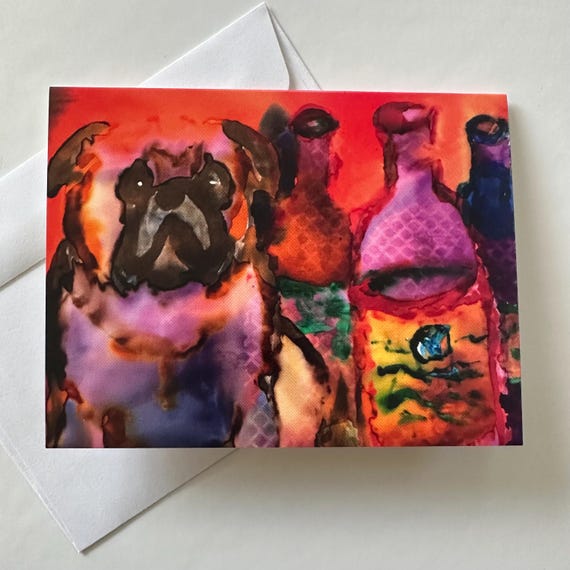Note Card, Pug with wine bottles, Folded Note Card – 5.5"x4" and 1 envelope.