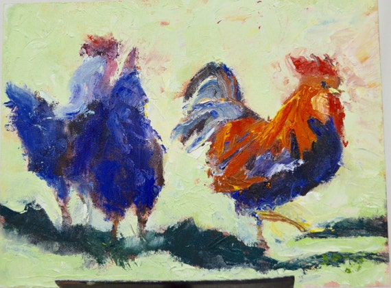 Original oil painting, rooster, chicken, green, 9 x 12"