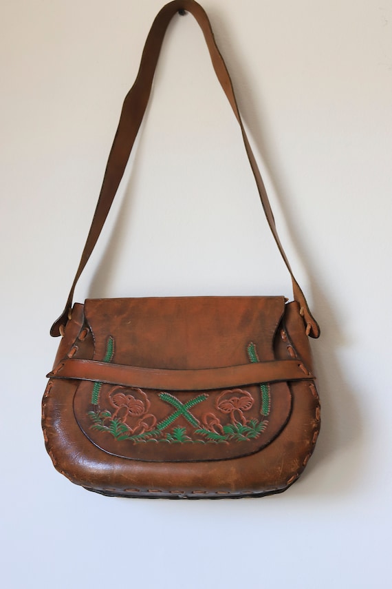 Vintage Tooled Leather Mushroom Design Shoulder Ba