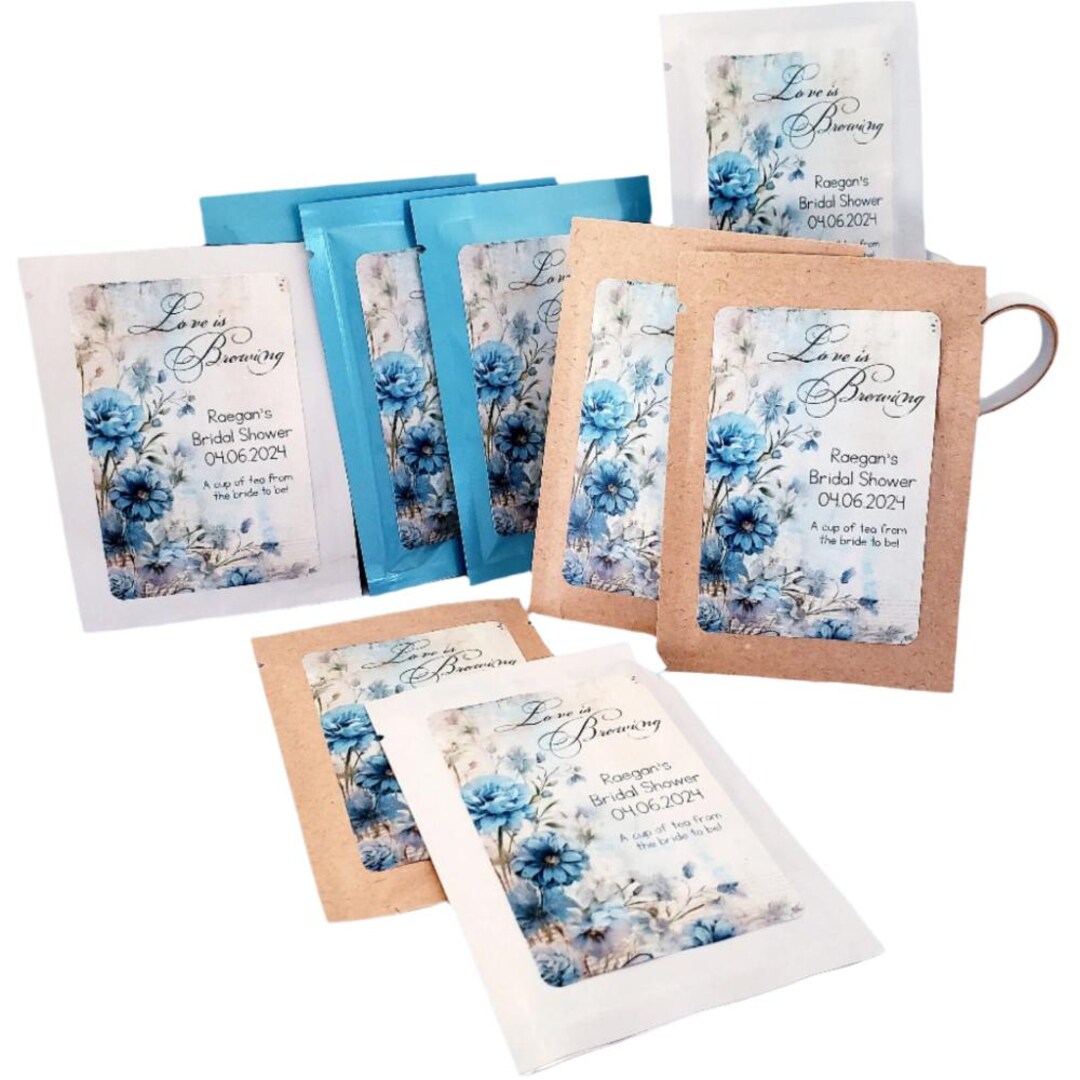 Blue Floral Personalized Tea Party Favors, Custom Baby or Bridal Shower ...