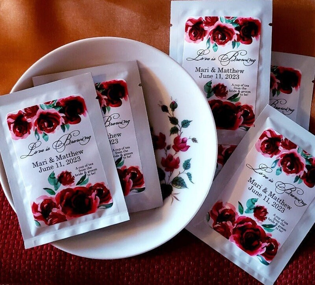 Personalized Dark Red Rose Tea Bag Party Favors, Engagement and