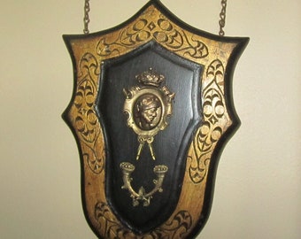 Coat of arms wall hanging, Castle Decor, Norse, Scottish, wood and metal wall hanging, shield, gothic, medieval decor,