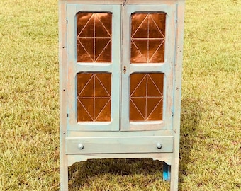 Vintage pie safe, copper door accents, kitchen cabinet, kitchen pantry, antique wood pantry, kitchen furniture, farmhouse furniture decor
