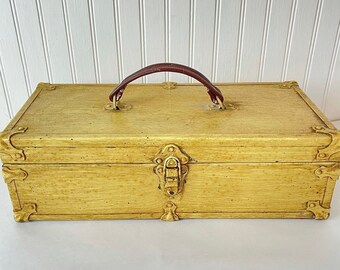 Vintage metal box, tool box, yellow metal box, container, storage box, organizer, craft box