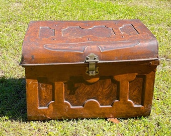 Antique Trunk, antique French metal trunk, Metal steamer Trunk, storage box, rustic cabin decor, metal storage box, copper finish trunk