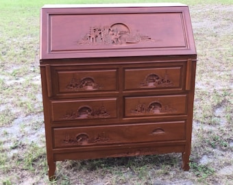 Vintage Secretary Desk, Oriental design, Carved wood, slant top desk, Furniture, Desk, Hutch
