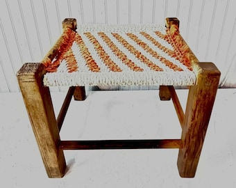 ViINTAGE FOOTSTOOL, ottoman, Farmhouse foot stool,vintage decor, Orange yarn macrame, Rustic Boho decor, natural  wood, upholstered stool,