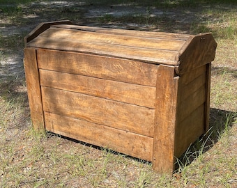 Antique wood trunk, 1700s Primitive Antique Wood trunk, French country decor, treasure chest, Rustic Distressed furniture, Storage Box,