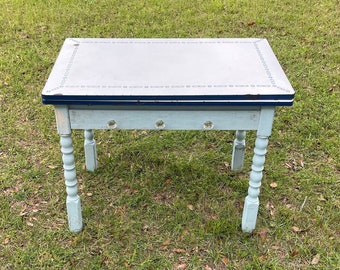 Antique Enamel Top Table, Extendable Enamel Table, Wood Furniture, Porcelain Table Top, Farmhouse Decor,