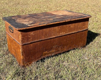 Antique wood trunk,grass cloth bamboo trunk, 19th century trunk, bamboo Box,Hand Made box, Storage Box,metal  handle