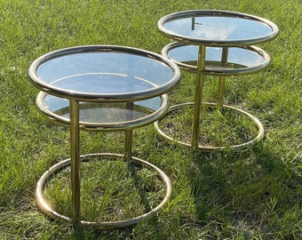 Vintage Retro round tables, smoked glass top table, swivel extendable tables, modern decor, brass plated metal 1970s metal tables end tables