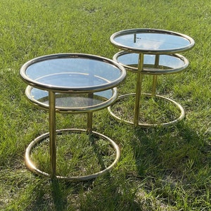 Vintage Retro round tables, smoked glass top table, swivel extendable tables, modern decor, brass plated metal 1970s metal tables end tables