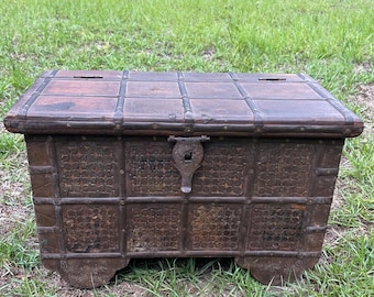 Antique chest, antique trunk, Camphor trunk,storage box, ornate box, farmhouse decor,Asian merchant chest, toy box, Wood wheels,