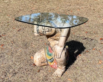 Man sculpture table, polychrome man table, Asian man slave sculpture, glass top table, end table, Large Carved man, folk art, wood Carving,