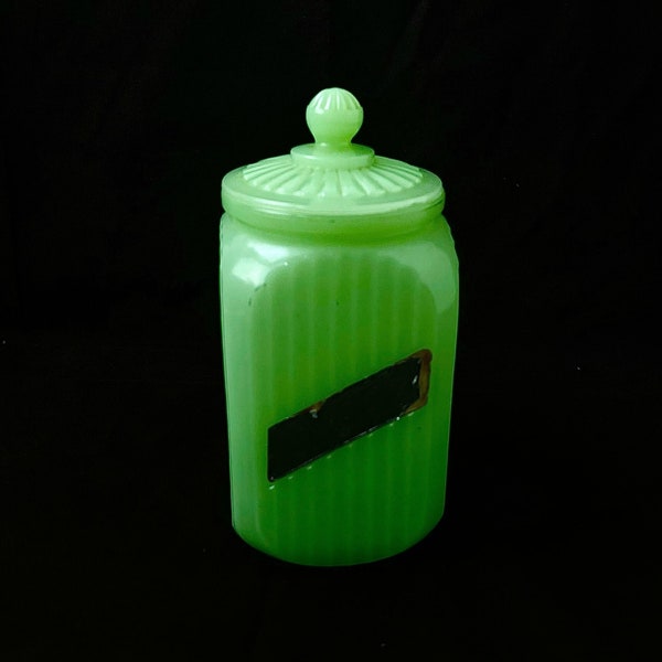 Uranium Glass canister, jadeite canister, vintage kitchen, Vaseline glass canister, sugar, vintage kitchen 1930s, green canister,