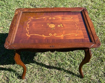 Vintage coffee table, wood table, inlaid carved table, glass top table, ornate table, vintage furniture, fancy furniture