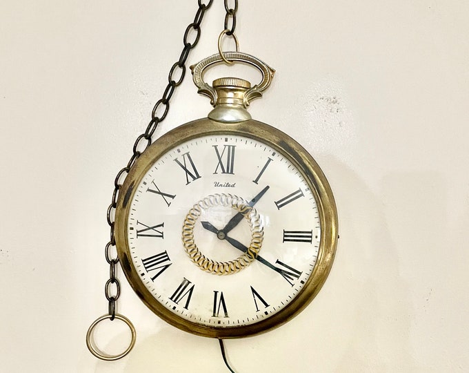 Vintage Pocket Watch Clock, Swag Clock, Wall Clock, United Clock Corp