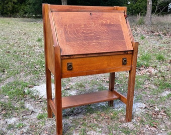 Antique Secretary Desk, Mission craftsman style, Life Time Furniture Co, slant top desk, home office desk, solid oak, primitive Desk, Hutch