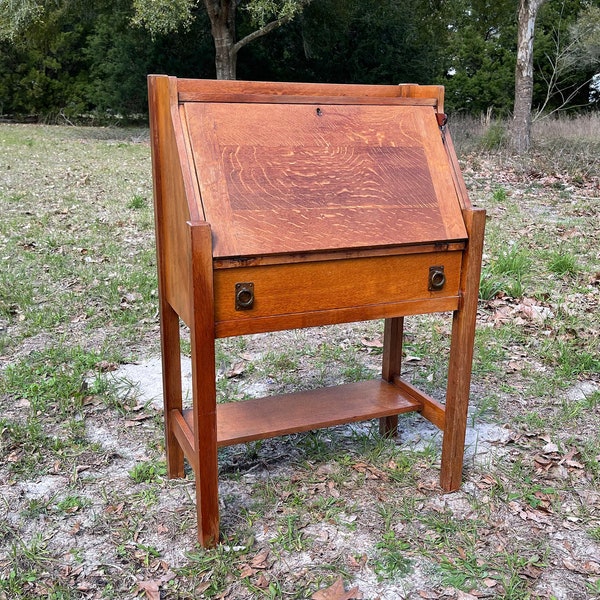 Antique Secretary Desk, Mission craftsman style, Life Time Furniture Co, slant top desk, home office desk, solid oak, primitive Desk, Hutch