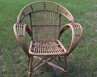 Vintage Rattan Chair, modern bent bamboo chair,bent wood chair, boho furniture, Franco Albini, mid century Wicker, Photo Prop, dining chair,