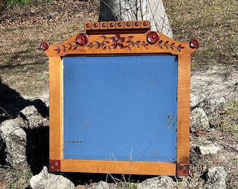 Antique Wood Mirror, beveled glass mirror, ornate wood mirror, oak wood frame,Swedish  carved wood mirror, arts and craft  design