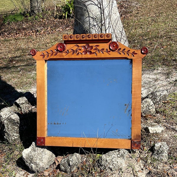 Antique Wood Mirror, beveled glass mirror, ornate wood mirror, oak wood frame,Swedish  carved wood mirror, arts and craft  design