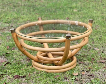 Vintage round rattan Table, glass top table, rattan table, natural wicker, boho decor, coastal beach decor, coffee table, occasional table
