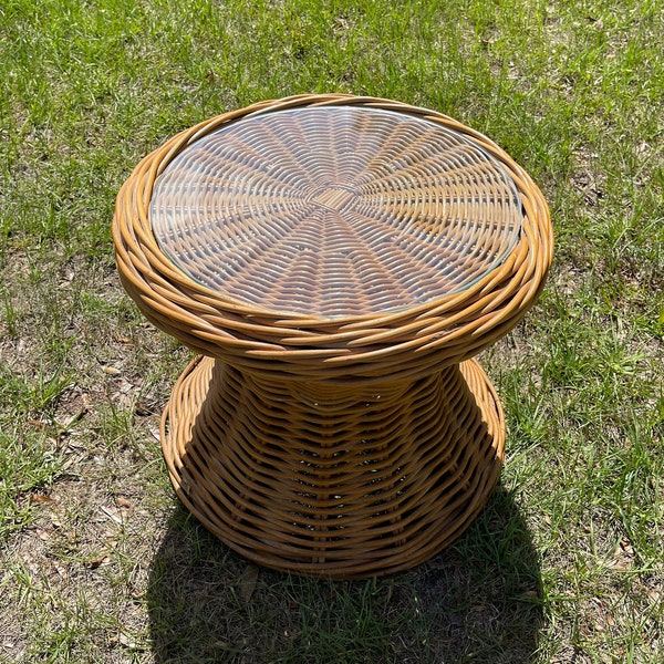 Wicker End Table With Glass Top Etsy