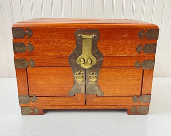 Vintage jewelry box, wood box, ornate box, antique box, Asian jewelry box,  antique Chinese furniture, treasure box, brass, satin lined box