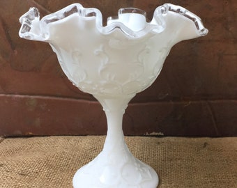 Vintage Fenton Compote, Pedestal Bowl, Wedding Decor, Kitchen Ware, white glass, candy dish, white lace, Milk Glass