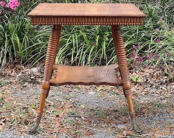 Antique Table, Victorian, ornate table, tea table, claw foot table, fancy side table, entry table, tiger oak table, square table,