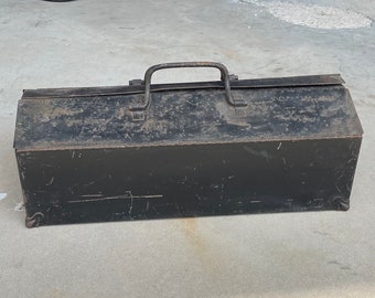 Vintage metal box, tool box, black metal box, container, rusty metal,storage cabinet, organizer, industrial, craft box