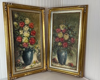 FLORAL OIL PAINTING, Framed Art, Vintage Original Oil Painting, cottage decor, signed art, still life painting, Gold Wood Frame