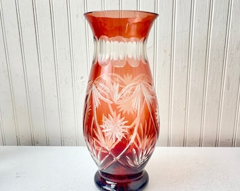 Cranberry cut to clear vase, flower vase, antique crystal vase, hand cut glass vase, home decor, centerpiece, red glass vase,