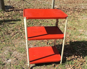 RETRO TEA TROLLEY, rolling cart, Red Enamel metal cart, retro furniture, metal tray, rolling table, home bar, bar cart