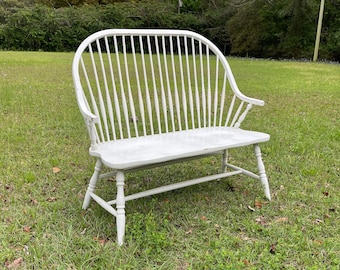 Vintage Bench, wood loveseat,Windsor bench, wood bench, entryway bench, porch bench,Furniture, wood chair, wood furniture, white bench,