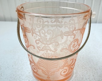 Fostoria pink ice bucket, vintage bar ware, 1930s glassware, etched glass, decor, candy dish, cookie jar, silver,diamond cut glass,