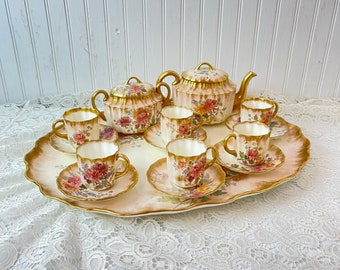 Royal Daulton Demitasse set, antique tea set, fine china, collectible tea set, pink gold tea set,  Gold TrimTea Set, hand painted tea set.