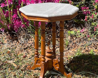 Marble Top Side Table, Carrara Marble top, maple wood stand, Round Table, Nightstand, ornate plant stand, End Table, vintage Furniture,