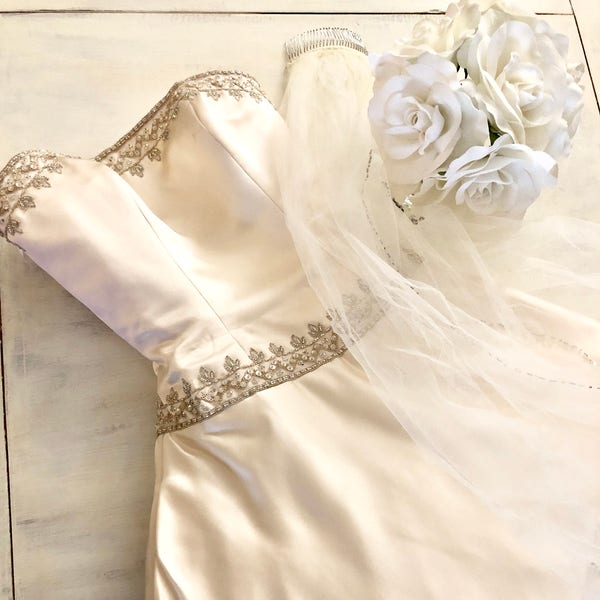 Vintage  Etsy wedding  dress, strapless dress ,cream dress, rhinestone,gown , wedding veil, tulle,satin dress, special occasions dress,