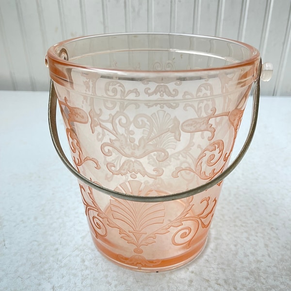 Fostoria pink ice bucket, vintage bar ware, 1930s glassware, etched glass, decor, candy dish, cookie jar, silver,diamond cut glass,