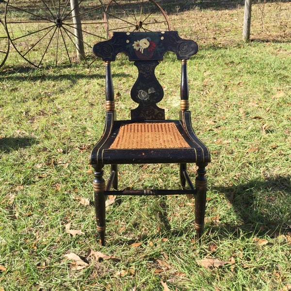 Vintage Chair, tole Wood chair, Hitchcock style chair, Antique Wood Chair, Black and Gold chair, ladder back, rush seat, dining chair,