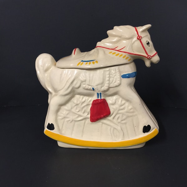 Vintage cookie jar, rocking horse cookie jar, ceramic cookie jar, whimsical, retro kitchen decor, Carousel collectible, white cookie jar,