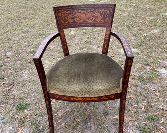 Vintage Wood chair, antique chair, Inlaid wood chair, velvet chair, Wood Chair, victorian decor, side chair, boudoir chair, farmhouse decor,