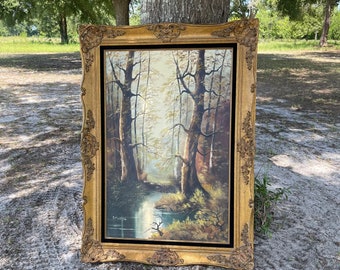 Vintage oil painting, fall trees  landscape, ornate wood frame, woodland picture,landscape painting, wall decor, wall hanging, rustic  decor