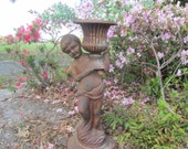 Antique planter, Cast Iron Plant Stand, Cherub Planter, Victorian planter, Victorian urn,Yard Art, Plant Stand,plant Urn, metal art, boy