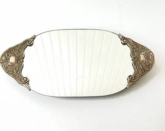 VINTAGE MIRROR TRAY, silver tray, vanity tray, vanity mirror, Hollywood regency, glamour,shabby chic mirror, metal mirror, ornate mirror,