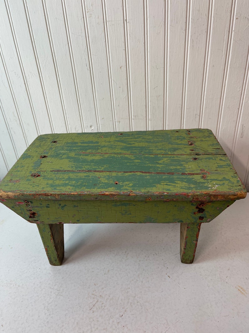 Vintage Wood Stool, Foot Stool, Step Stool, Green Footstool, Mud Room ...