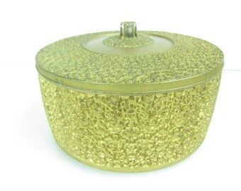 Vintage powder box, gold box, Collectible, Mid Century Compact, vanity decor, round box, container, ornate box,