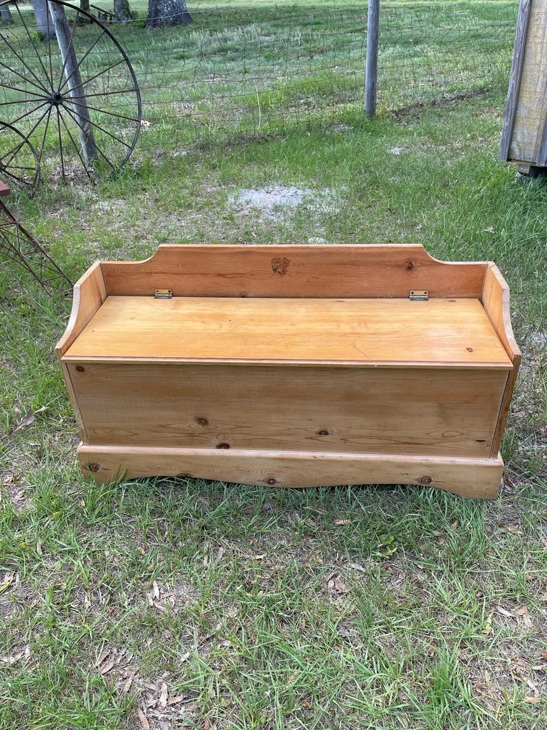 K&ouml;nnte beinhalten: Eine Holzkiste mit einem Scharnierdeckel. Die Kiste ist aus hellem braunem Holz und hat ein schlichtes Design. Sie steht auf einem St&uuml;ck gr&uuml;nem Gras.